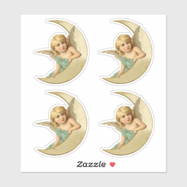 Adesivo Adorável anjo vitoriano descansando na lua cortado (Folha)