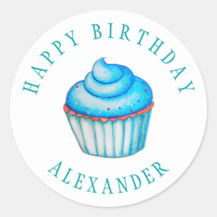 Adesivo Adorável Aquarela Azul Aniversário Nome Personaliz