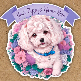 Adesivo Adorável Bichon Frisé, flores cortadas personaliza