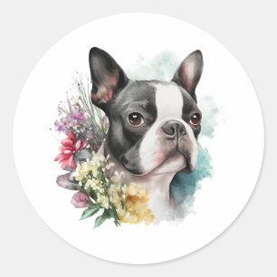 Adesivo Adorável Boston Terrrier e Flores