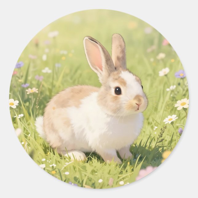 Adesivo Adorável Bunny Fofa Prado de Flores Silvestres (Frente)