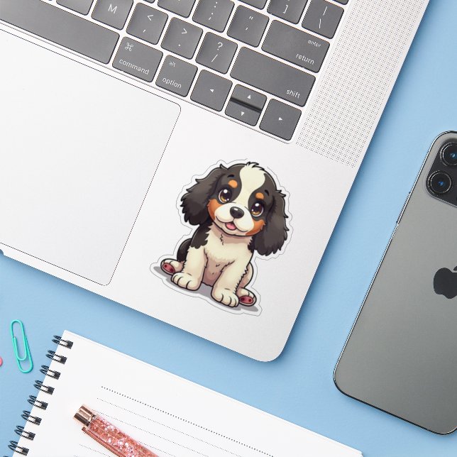 Adesivo Adorável cachorrinho Cocker Spaniel – estilo Chibi (Notebook com iPhone)