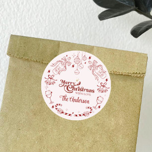 Adesivo Adorável doodle de Natal rosa com nome da família 