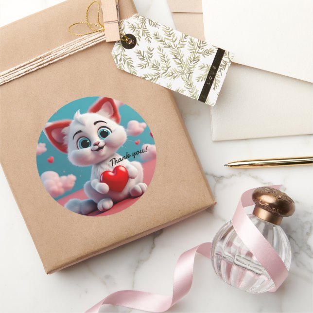 Adesivo Adorável Kitten com Coração Vermelho Obrigado Stic (Presentear)
