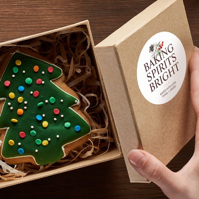 Adesivo Adornos Natalinos Assando Espíritos Alegres (Holiday Greenery Baking Spirits Bright Classic Round Sticker)
