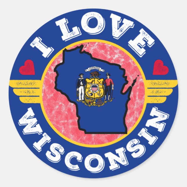 Adesivo Adoro Mapa e Bandeira do Estado de Wisconsin (Frente)