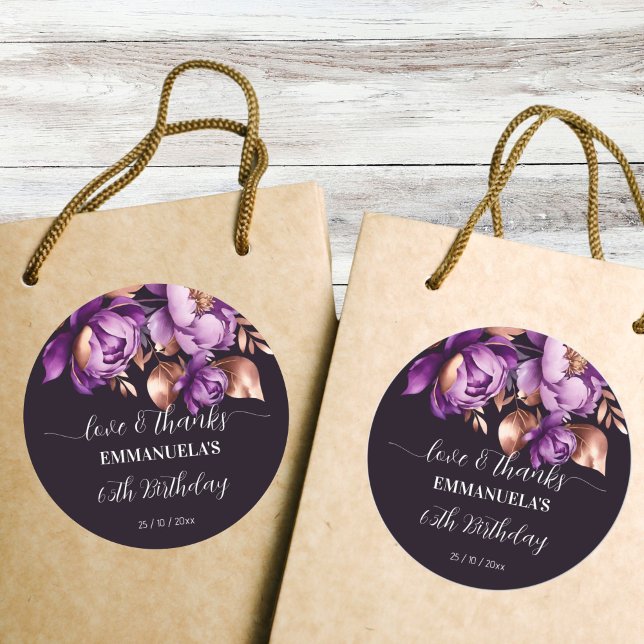 Adesivo Adultos Festa de aniversário púrpura favor obrigad (Adults Birthday party purple favor thank you Stickers rose gold purple flowers favor stickers)