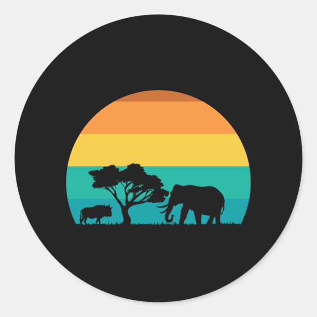 Adesivo África Pôr Do Sol Com Elefante E Gnu Retro (Frente)
