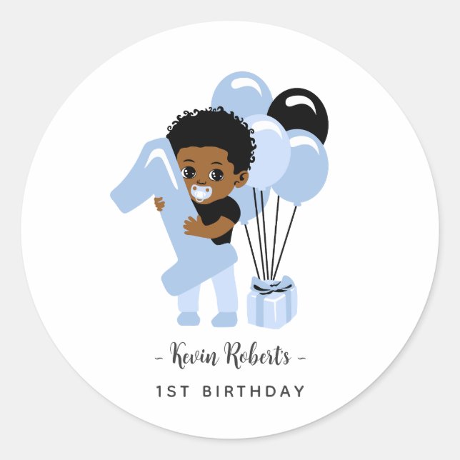 Adesivo African American Blue Baby Boy 1st Birthday   (Frente)