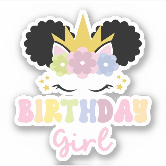 Adesivo Afro Puff Curly Hair Unicorn Birthday Girl (Frente)