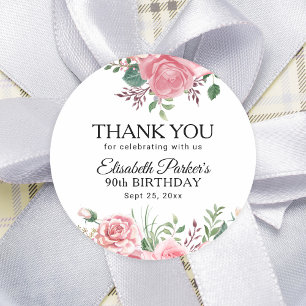 Adesivo Agradecimento de 90º aniversário floral rosa elega