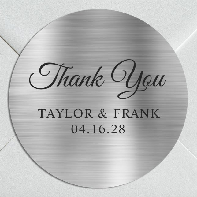 Adesivo Agradecimento de Casamento em Folha de Prata Falsa (Faux Silver Foil Wedding Thank You Classic Round Sticker)