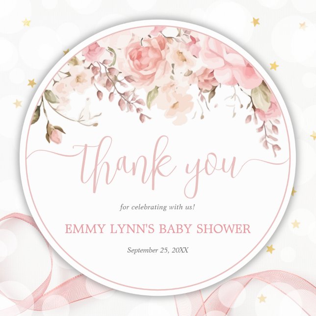 Adesivo Agradecimento de Chá de Bebê em Letra de Rosa (Blush Pink Script Baby Shower Thank You Classic Round Sticker)
