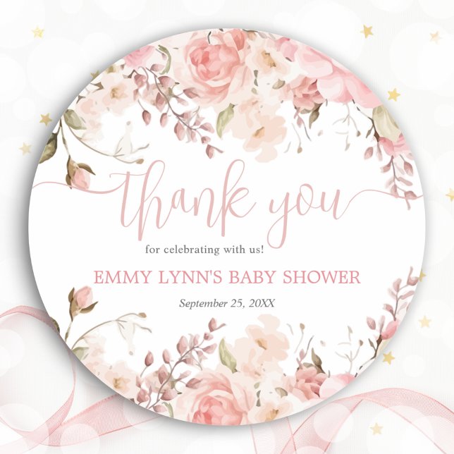 Adesivo Agradecimento de Chá de Bebê Rosa Bebê em Flor  (Blush Pink Baby In Bloom Baby Shower Thank You Classic Round Sticker)