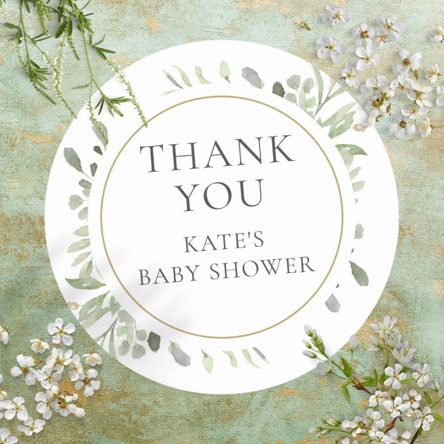 Adesivo Agradecimento de Chuveiro de Bebê com Aguarela Ver (Watercolour Greenery Baby Shower Thank You Classic Round Sticker)