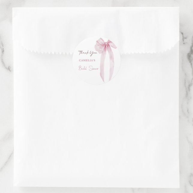 Adesivo Agradecimento de Chuveiro de Noiva com Laço Rosa (Bolsa)