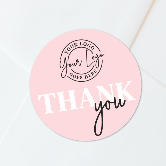 Adesivo Agradecimento do Seu Logotipo Preto Rosa (Pink Black Your Logo Thank You Classic Round Sticker)