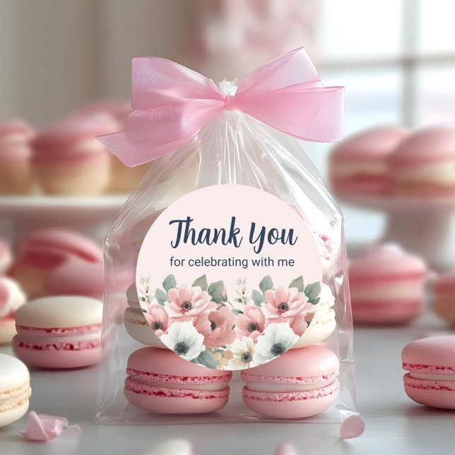 Adesivo Agradecimento Floral de Aquarela Branco Rosa (Pink and white floral birthday party favor bag "Thank You" sticker)