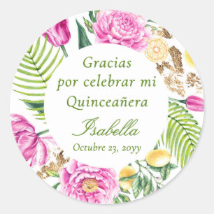 Adesivo Agradecimento Floral Peônias Rosa Quinceañera Espa