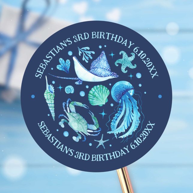 Adesivo Água-vivas, Caranguejo, Animais Do Oceano Índico (Jellyfish, Crab, Stingray Ocean Animals Watercolor Classic Round Sticker)