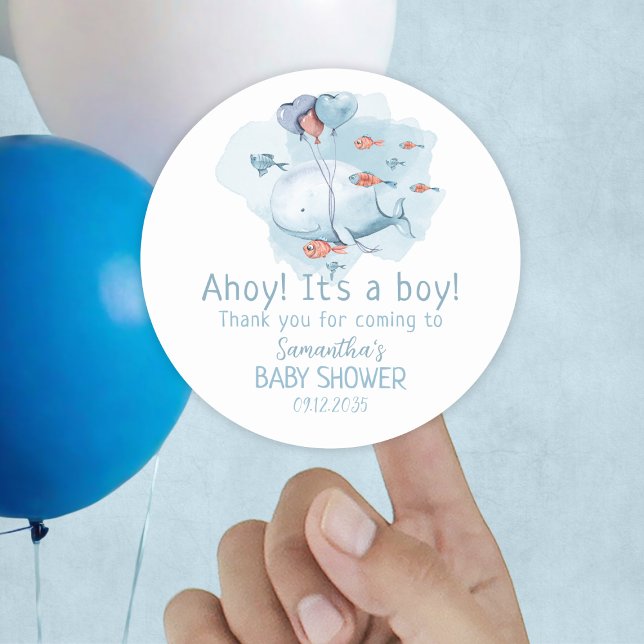 Adesivo Ahoy, é um Chá de fraldas de baleia, obrigado (Ahoy It's A Boy Whale Baby Shower Thank You Classic Round Sticker
)