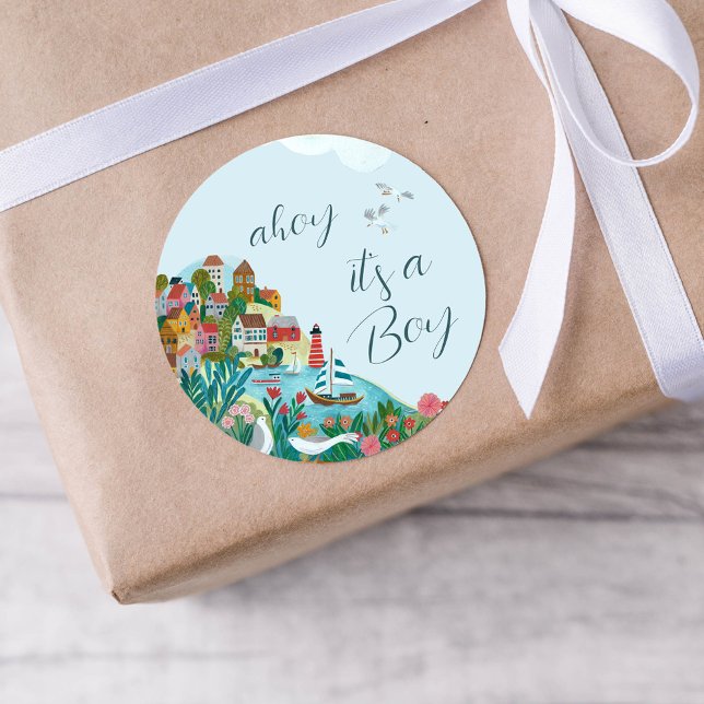 Adesivo Ahoy, é uma festa de chá de fraldas (Ahoy it's a boy baby shower party classic round sticker)