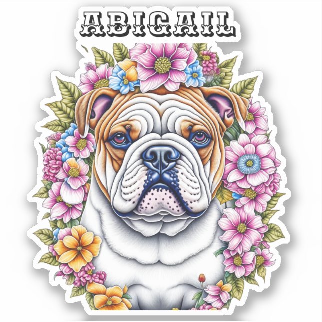 Adesivo Ai Art Bulldog Cercado por Flores Whimsical (Frente)