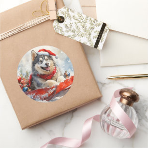 Adesivo Alaskan Malamute em Sledge Deixe-o nevar no Natal