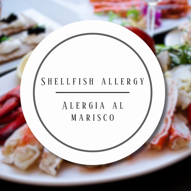Adesivo Alergia Bilíngue Preta e Branca a Peixe-Maravilha (Bilingual Shellfish allergy warning sticker, Spanish text, customizable multilingual project)