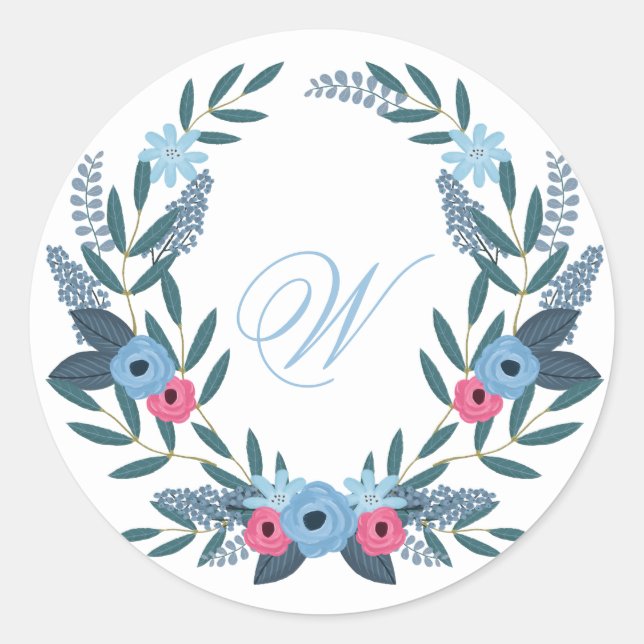 Adesivo Algo azul Floral Wreath com Monograma (Frente)