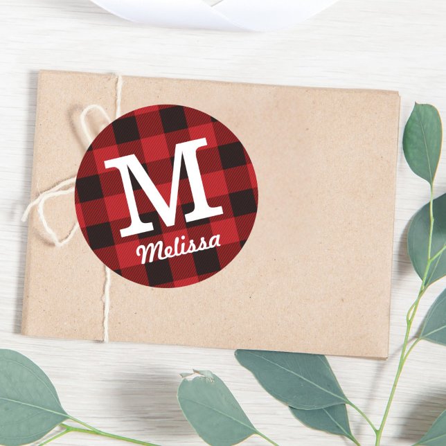 Adesivo Algodão primitivo Lumberjack Xadrez de búfalo verm (Primitive Cottage Red buffalo Plaid lumberjack Classic Round Sticker)