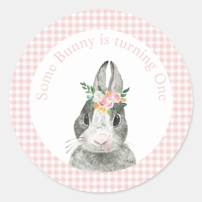 Adesivo Algum Coelhinho é Um Aniversário de Gingham Rosa (Frente)