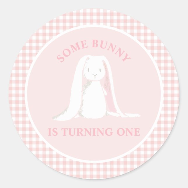 Adesivo Algum Coelhinho é um Aniversário de Gingham Rosa (Frente)