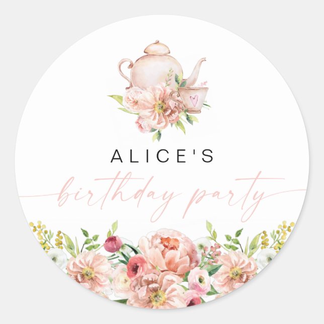 Adesivo ALICE Blush Floral Birthday Tea Party Brunch Favor (Frente)
