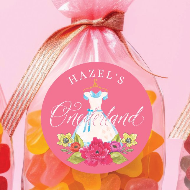 Adesivo Alice no País das Florestas e Vestido Azul (Alice in Onederland Florals & Blue Dress Birthday Classic Round Sticker)