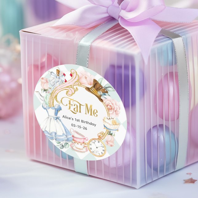 Adesivo Alice Onderland, Coma-Me, Aniversário (Teal, alice onederland, eat me , birthday favor sticker)