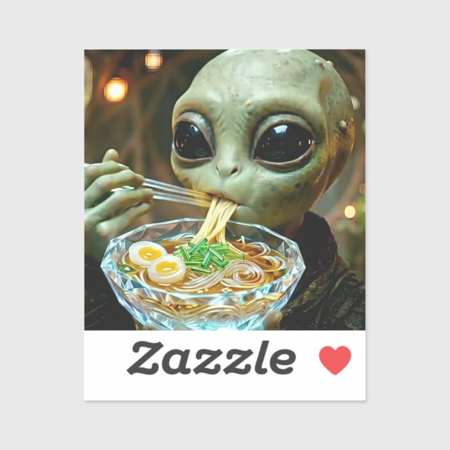 Adesivo Alienígena engraçado comendo macarrão Ramen (Folha)
