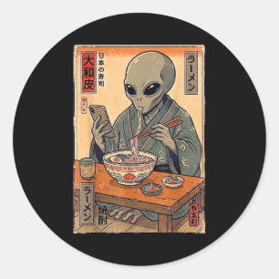Adesivo Alienígena engraçado comendo ramen retrô japonês h