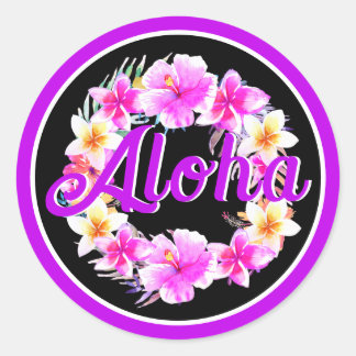 Adesivo Aloha Luau Tropical de Aniversário Neon Roxo