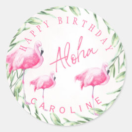 Adesivo Aloha rosa flamingos tropicais feliz aniversário
