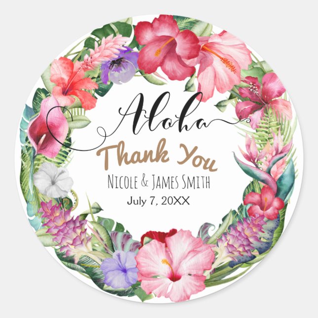 Adesivo Aloha Tropical Floral Wreath Weding Favor (Frente)