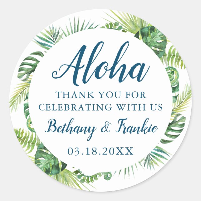 Adesivo Aloha Tropical Greenery Beach Casamento Obrigado (Frente)