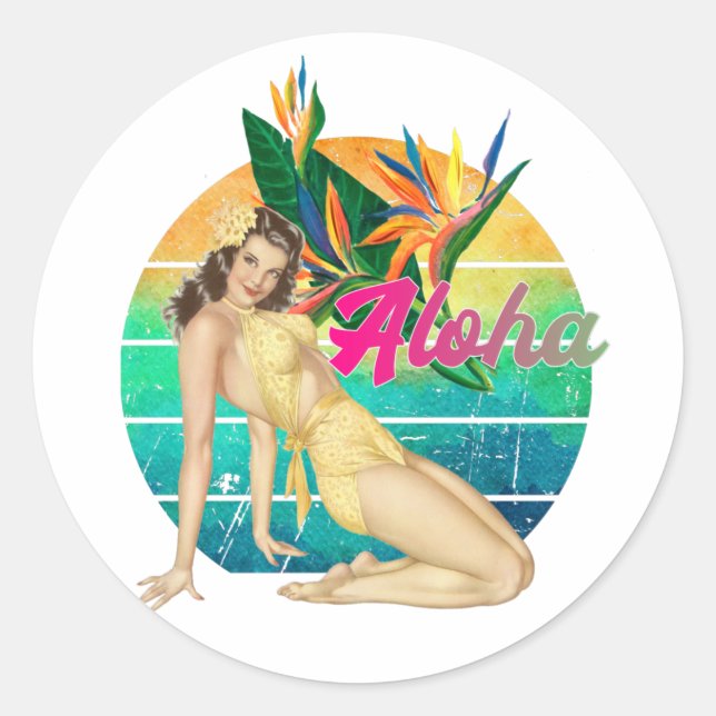 Adesivo Aloha Tropical Pin-up girl retro sunset art  (Frente)