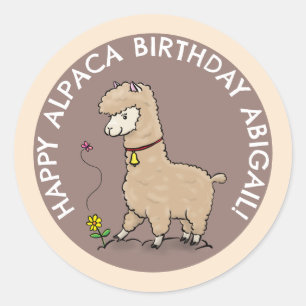Adesivo Alpaca castanho bonito com cartoon de aniversário