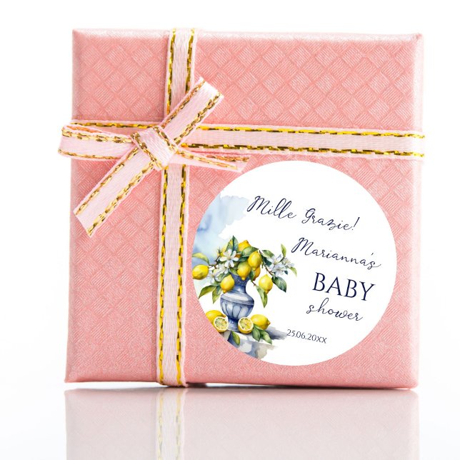 Adesivo Amalfi - chá de fraldas de limão azul italiano (Amalfi Italian vintage ceramic blue vase lemon baby shower thank you favor Classic Round Sticker)