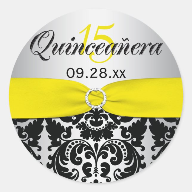 Adesivo Amarelo, Prata, Damasco Negro, Vinheta Quinceanera (Frente)