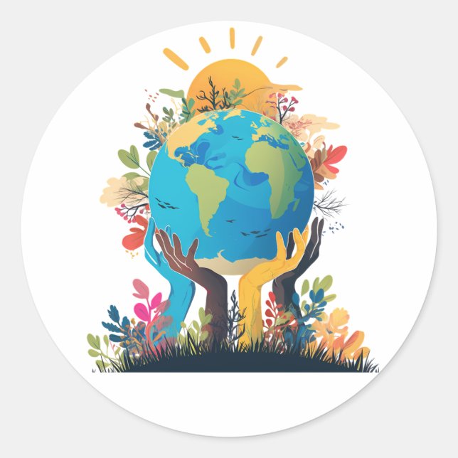 Adesivo Ambiente - Ilustração da Terra com Mão e Sol (Frente)