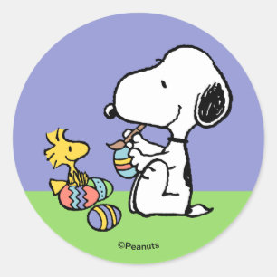 Adesivo Amendoins   Snoopy e Woodstock Pintando Ovos