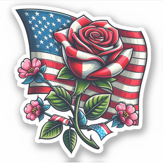 Adesivo American USA Flag rosa Patriotic flower Art (Frente)