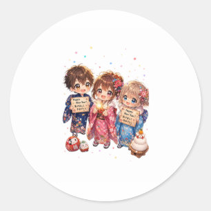 Adesivo • Amigos Chibi em Kimonos Segurando Sinais de Ano